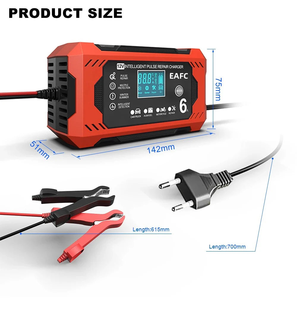 Caricabatterie per auto 6A 12V Dispositivo di ricarica della batteria per auto e moto Batteria al piombo-acido Smart Repair Display LCD