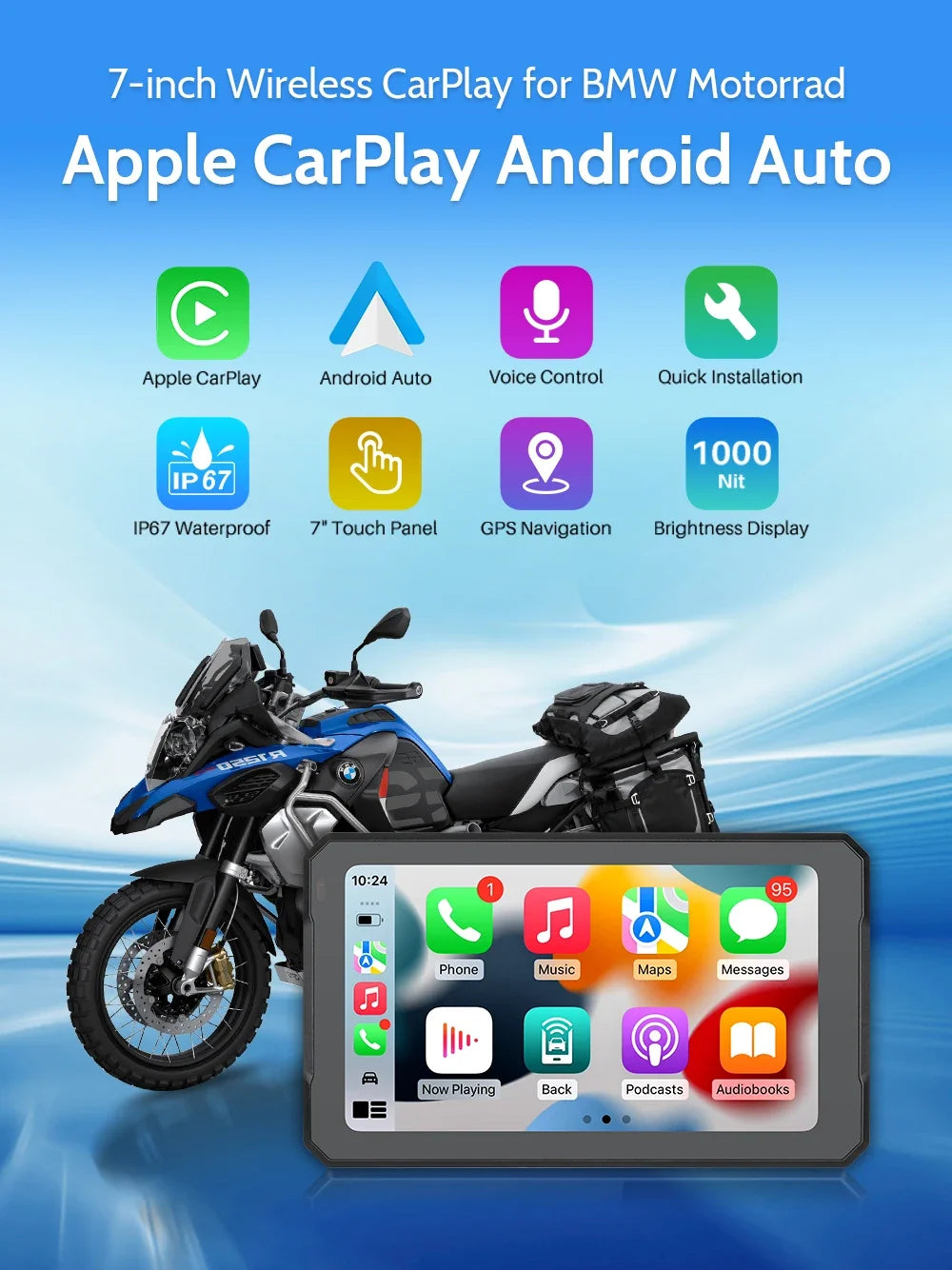 For BMW 7 Inch Portable Gps Navigation Motorcycle Navigator Wireless CarPlay Android Auto With Bluetooth Ipx7 Waterproof HD IPS