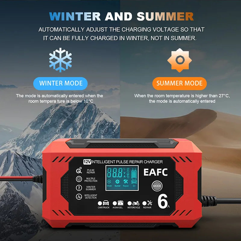 Caricabatterie per auto 6A 12V Dispositivo di ricarica della batteria per auto e moto Batteria al piombo-acido Smart Repair Display LCD