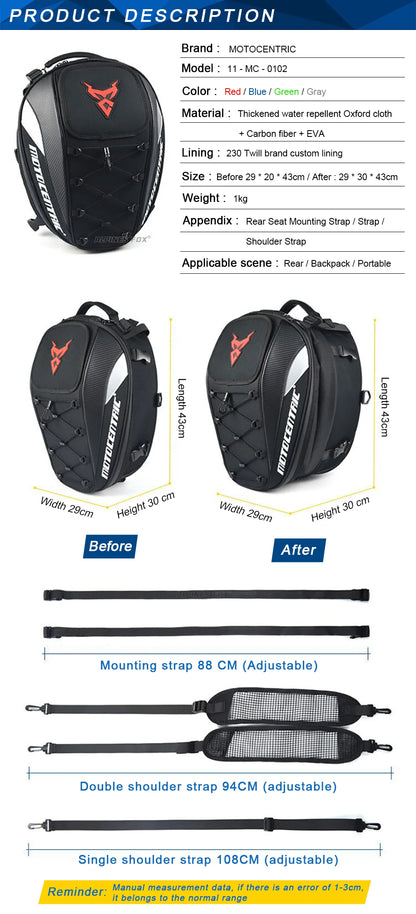 MOTOCENTRIC Waterproof Motorcycle Tail Bag Multi-functional  Durable Rear Seat Bag 37L High Capacity Rider Helmet Backpack