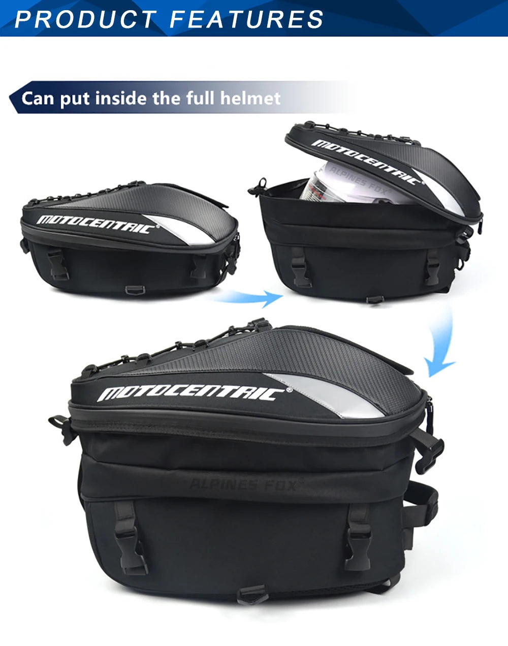 MOTOCENTRIC Waterproof Motorcycle Tail Bag Multi-functional  Durable Rear Seat Bag 37L High Capacity Rider Helmet Backpack