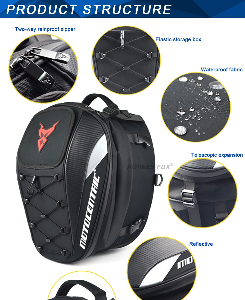 MOTOCENTRIC Waterproof Motorcycle Tail Bag Multi-functional  Durable Rear Seat Bag 37L High Capacity Rider Helmet Backpack