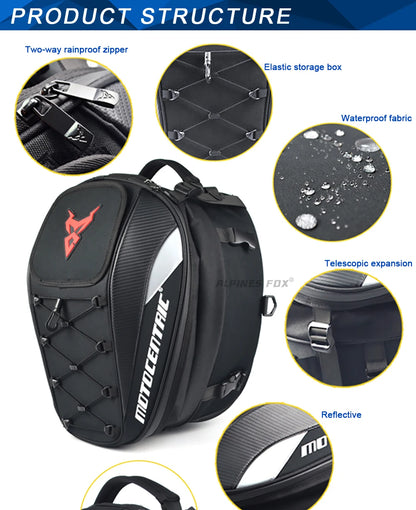 MOTOCENTRIC Waterproof Motorcycle Tail Bag Multi-functional  Durable Rear Seat Bag 37L High Capacity Rider Helmet Backpack