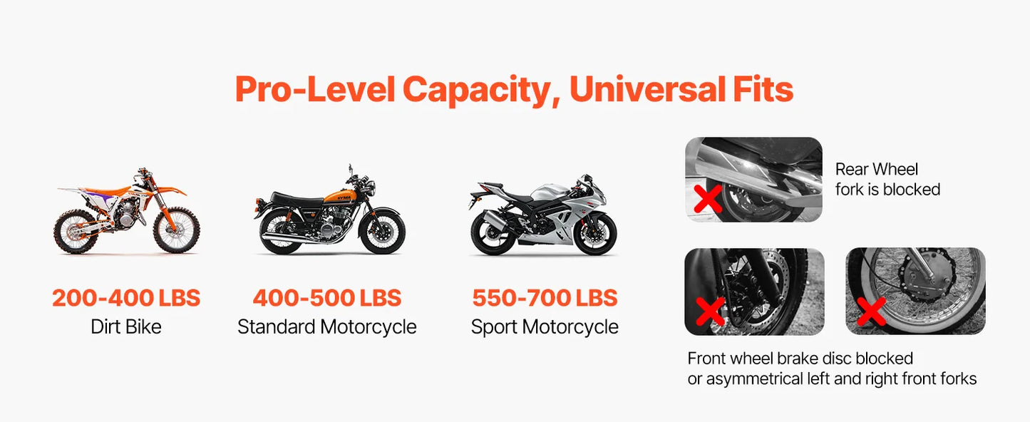 Cavalletto per motocicletta da 850 libbre, sollevatore combinato anteriore e posteriore, cavalletto per doppia forcella anteriore, forcella posteriore U+L, bobina per forcellone oscillante