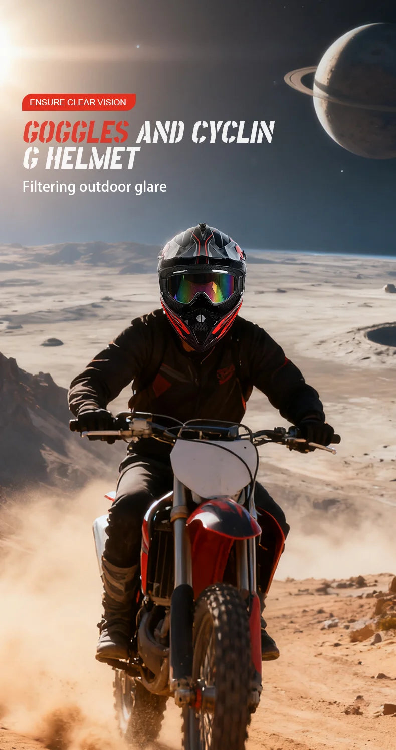 Casco da moto fuoristrada, casco integrale da rally e discesa con occhiali, adatto a tutte le stagioni, per uomini, donne e bambini.