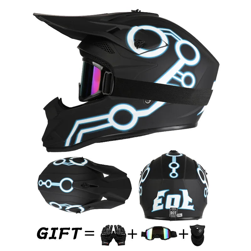 Casco da moto fuoristrada, casco integrale da rally e discesa con occhiali, adatto a tutte le stagioni, per uomini, donne e bambini.
