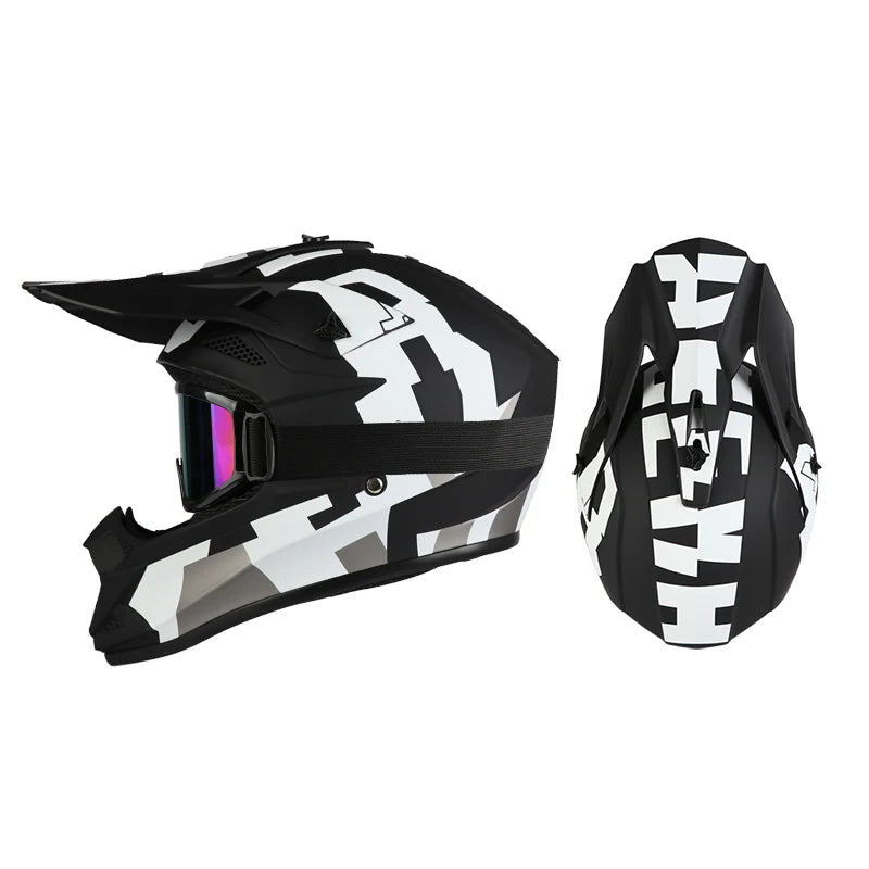 Casco da moto fuoristrada, casco integrale da rally e discesa con occhiali, adatto a tutte le stagioni, per uomini, donne e bambini.