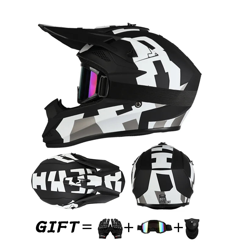 Casco da moto fuoristrada, casco integrale da rally e discesa con occhiali, adatto a tutte le stagioni, per uomini, donne e bambini.