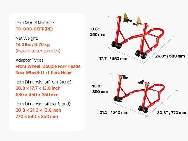Cavalletto per motocicletta da 850 libbre, sollevatore combinato anteriore e posteriore, cavalletto per doppia forcella anteriore, forcella posteriore U+L, bobina per forcellone oscillante