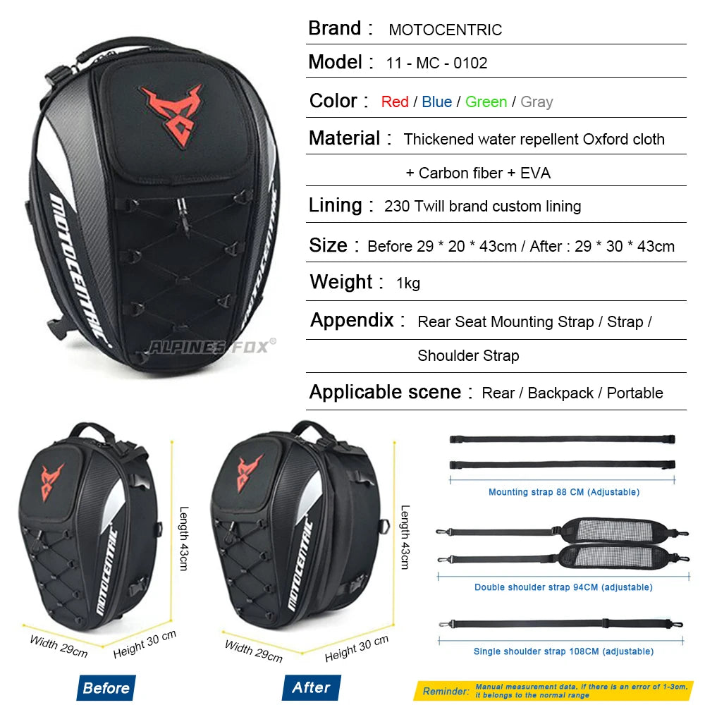 MOTOCENTRIC Waterproof Motorcycle Tail Bag Multi-functional  Durable Rear Seat Bag 37L High Capacity Rider Helmet Backpack