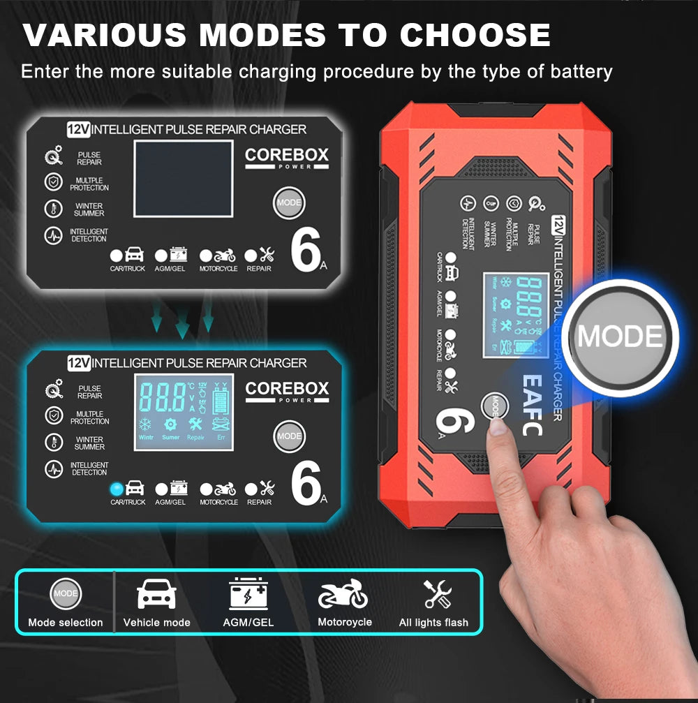 Caricabatterie per auto 6A 12V Dispositivo di ricarica della batteria per auto e moto Batteria al piombo-acido Smart Repair Display LCD
