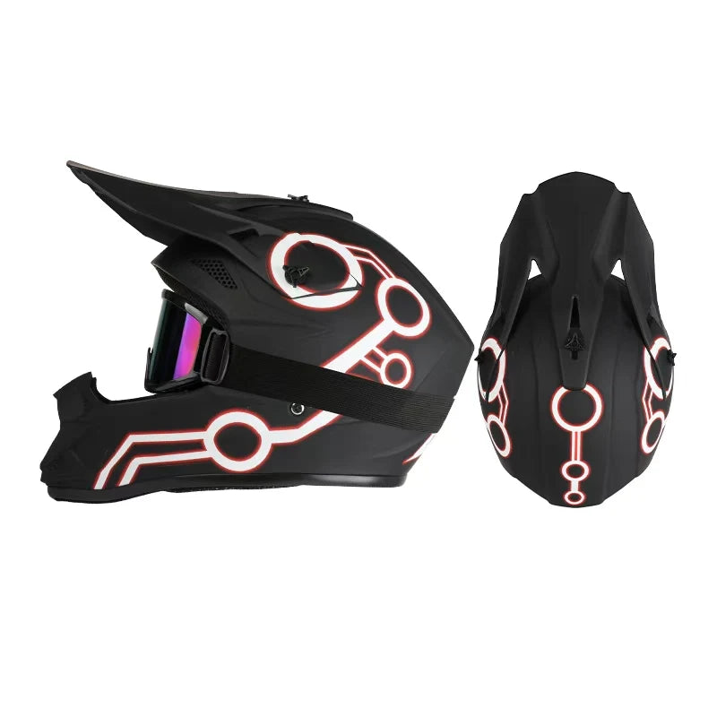 Casco da moto fuoristrada, casco integrale da rally e discesa con occhiali, adatto a tutte le stagioni, per uomini, donne e bambini.