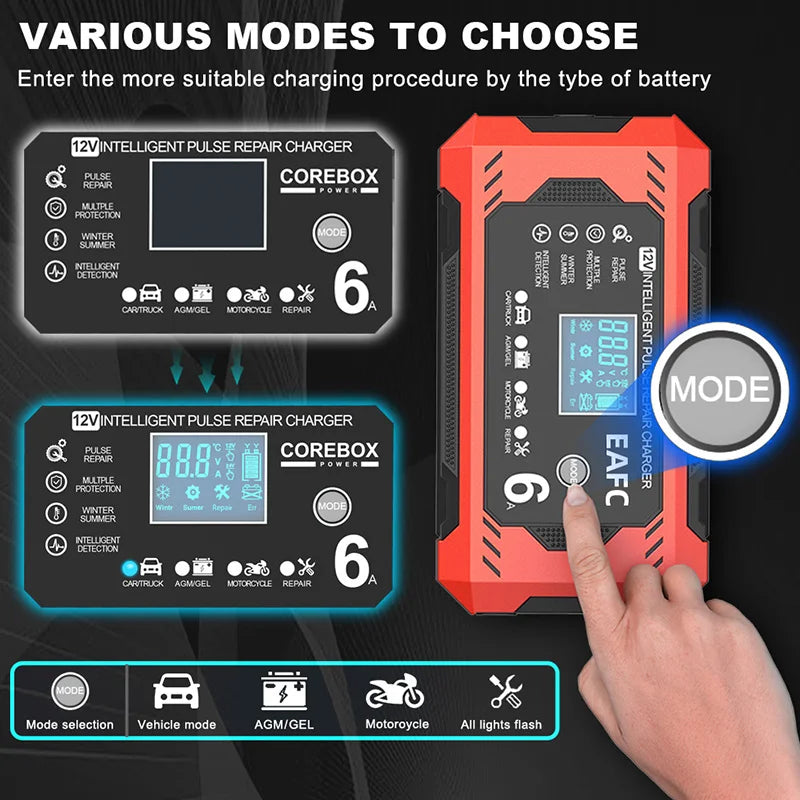 Caricabatterie per auto 6A 12V Dispositivo di ricarica della batteria per auto e moto Batteria al piombo-acido Smart Repair Display LCD