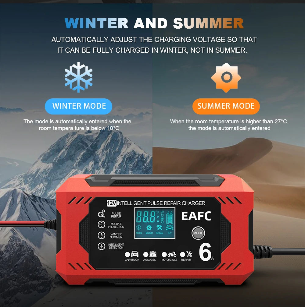 Caricabatterie per auto 6A 12V Dispositivo di ricarica della batteria per auto e moto Batteria al piombo-acido Smart Repair Display LCD