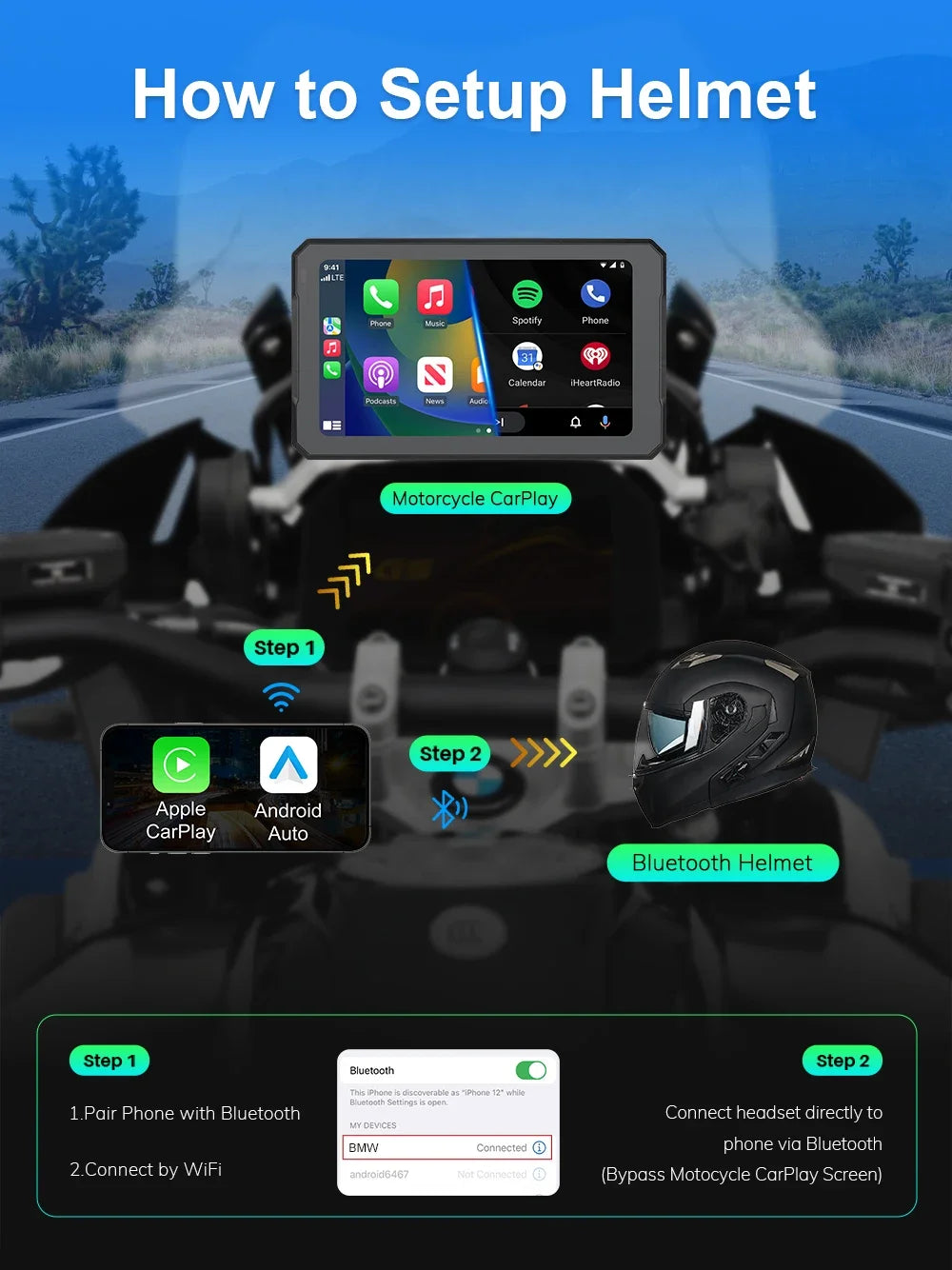 For BMW 7 Inch Portable Gps Navigation Motorcycle Navigator Wireless CarPlay Android Auto With Bluetooth Ipx7 Waterproof HD IPS