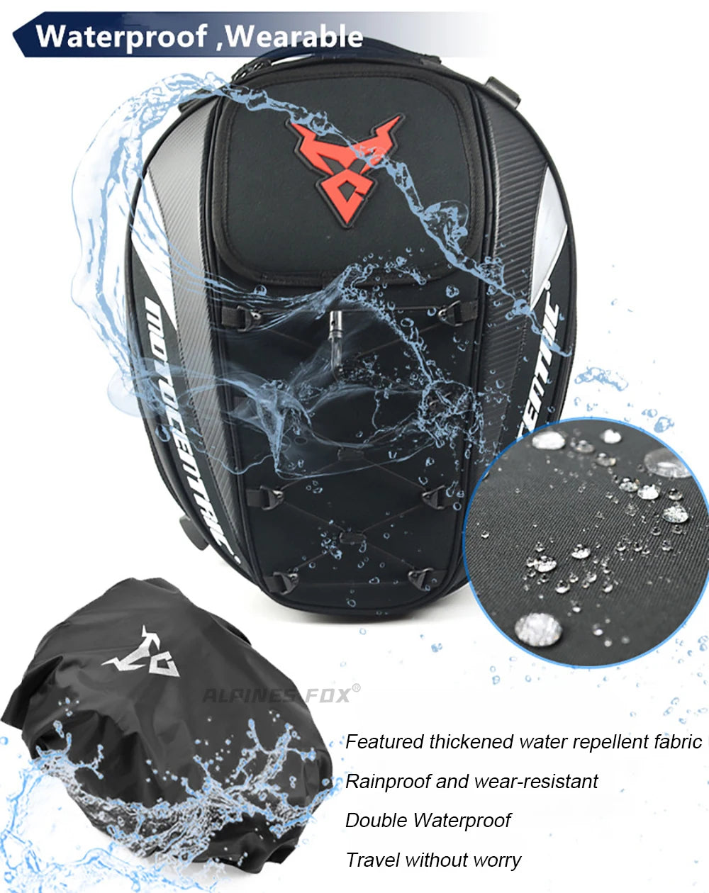 MOTOCENTRIC Waterproof Motorcycle Tail Bag Multi-functional  Durable Rear Seat Bag 37L High Capacity Rider Helmet Backpack